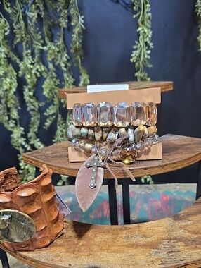 Sandra Ling Crystal, Stone & Leather  Bracelet Set with Leather Feather &  Charm
